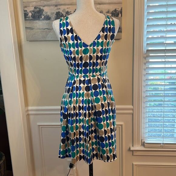 Banana Republic Blue Green Navy Tan Polka Dot Fit Flare Stretch Dress - Picture 7 of 8